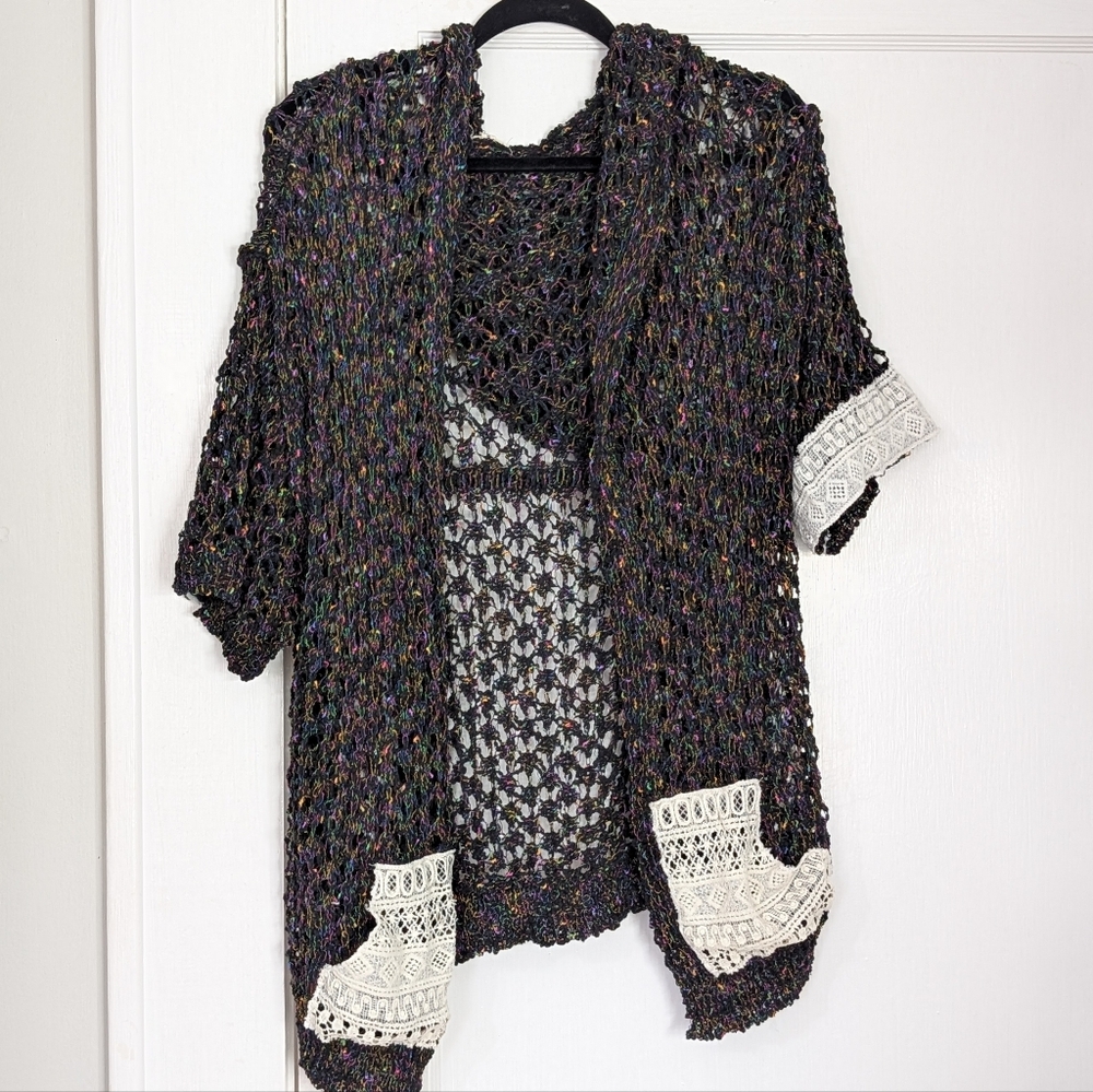 POL Open Knit Crochet Cardigan Kimono Multicolor Black Lace Trim Boho